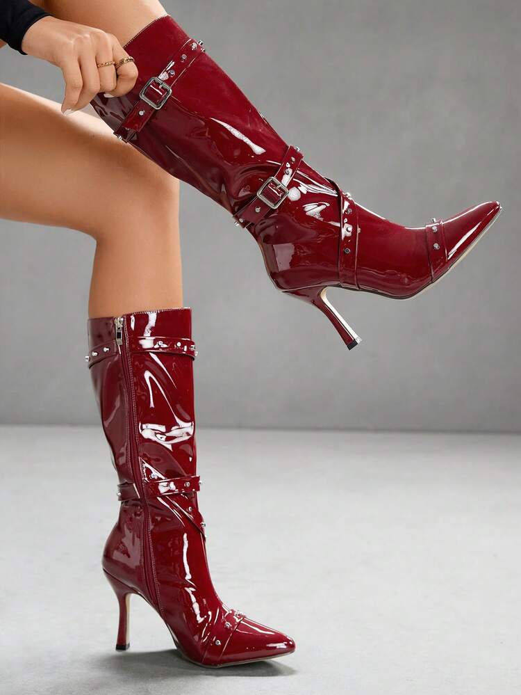 CUCCOO SZL 女士尖头细高跟鞋勃艮第红系带铆钉装饰时尚性感个性及膝靴，适合秋冬季 - 酒紅色 - 查看 3