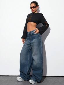 EURMUSE QUẦN JEAN NỮ ỐNG RỘNG EO VỪA - Rửa trung bình - Xem 3