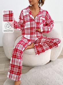 EURMUSE 2Pcs Cotton Button Front Plaid Pattern Pajama Set, Suitable For Christmas - Red and White - View 1