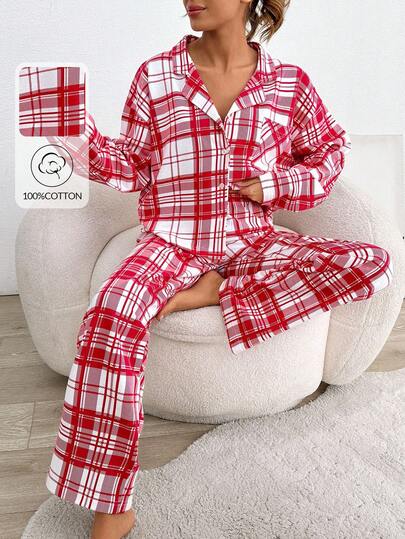 SHEIN Cottnline بيجاما قطنية قبل الزر ذات نمط الكشمير، مناسبة لعيد الميلاد 2 قطعة