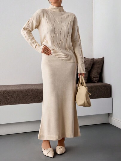 EURMUSE Casual Mock Turtle Neck Solid Color Mlenage Yarn Cable KNit Drop SHoulder Cozy Oversize Sweater & Solid Color Maxi Knitted Skirt 2 Pieces Set For Fall Winter Women Outfits Knit Two Piece Set Knit Maxi Dress Knit Dresses For Women Sweater Dress Long Sleeve Knit Dress