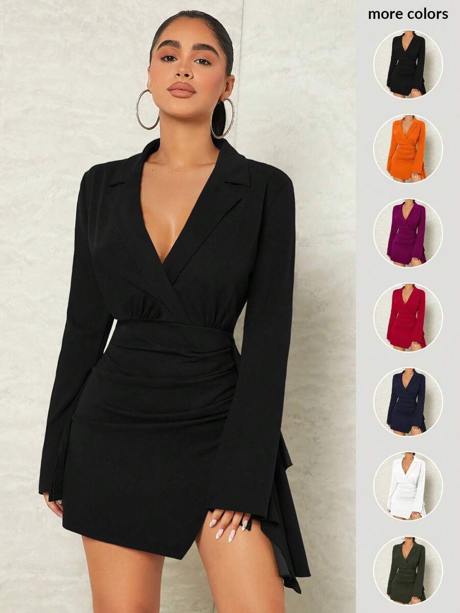 SHEIN SXY 黑色翻领垂褶侧开衩长袖迷你连衣裙 - 黑色 - 查看 1