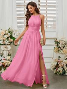 SHEIN Belle 无袖高开叉腰伴娘礼服，露背领，时尚（成人） - 粉色 - 查看 3