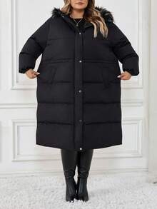 SHEIN CURVE+ 冬季大码女式连帽毛领加厚夹克 - 黑色 - 查看 12