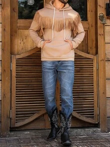 Manfinity Nomadique Men's Fringe Trim Drawstring Hooded Pocket Long Sleeve Casual Sweatshirt Western Hoodie Fringe Hoodie Mens Hoodie, Western Hoodies Men, Light Brown Hoodie, Fringe Hoodie, Western Clothes