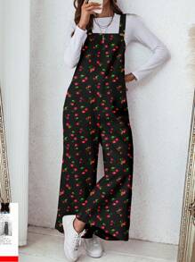 SHEIN LUNE Women's Casual Cherry Print Pocket Loose Jumpsuit, Suitable For Autumn/Winter Cherry Print Jumpsuit