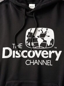Discovery X SHEIN Men's Casual Fashionable Street Hoodie With Letter & Animal Print, Pocket, Drawstring, Suitable For Spring & Autumn - Black - View 4