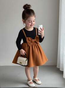 SHEIN Váy trang trí nơ lớn 2 trong 1 cho bé gái, thoải mái và ngọt ngào, tuyệt vời cho trang phục thường ngày và đi học hàng ngày vào mùa hè và mùa thu - Nhiều màu - Xem 9