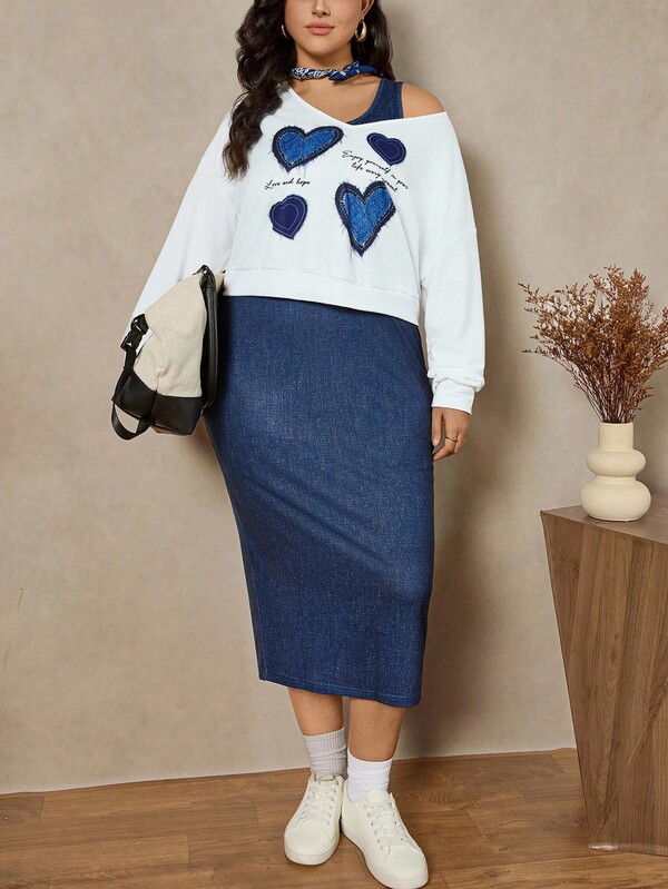 Zelara Plus Size Geometry Print Two Pieces Set Nautical Casual For Women V-Neck Long Sleeve Sweatshirt & Geometry Print Long Skirt Halloween Costumes Women Fall Women Clothes Women Clothing Navycore Outfits Sets Travel Outfit Airport