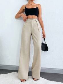 ZIRRA Women's Solid High Waist Pleated Straight Loose Casual Pants - Apricot - View 4