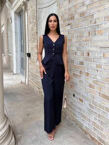 Carolina Barros 1 Set Women Elegant Sleeveless Blazer Vest And Suit Pants, Business/Office Wear, Summer - Navy Blue - View 5