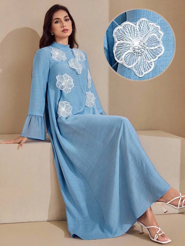 Graceveil Women's Elegant Luxury Loose Blue Long A-Line Dress With 3D Floral Embellishment Fall Cloth For Women