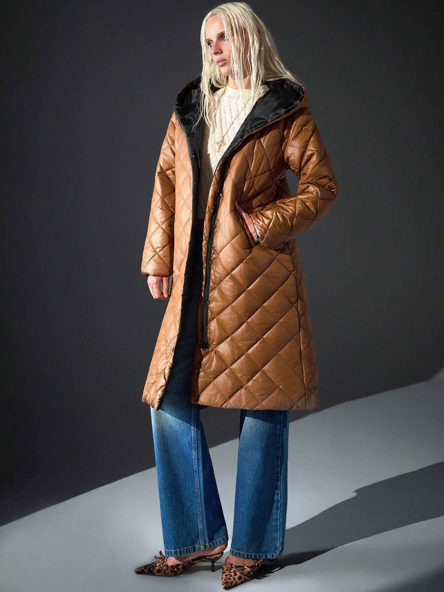 EURMUSE Women, Winter, Winter Coat, Long Length, Long Sleeve, Snap Button, Pocket, Quilted - Mocha Brown - View 1