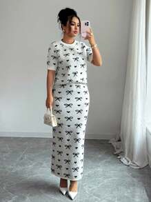 Rafferiza Neuer koreanischer Stil eleganter Schmetterlingsdruck Rundhals Kurzarm Pullover & hochtailliger Bodycon Rock 2 Stücke Set für Frauen für Frühling/Sommer