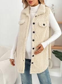 SHEIN 孕妇无袖单排扣毛绒弧形下摆休闲常规夹克 - 米色 - 查看 4