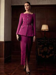 ZEYLAH Women's Square Neck Single-Breasted Embroidered Fashion Blazer - Purple - View 4