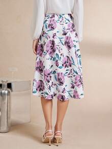 Amorya 女士优雅花卉印花 A 字高腰半身裙，适合秋季百搭休闲/正装 - 彩色 - 查看 2
