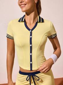 CourtClass Women's Light Yellow V-Neck Short Sleeve Tennis Exercise Sports Polo Shirt Yellow Tennis Outfit Women Tennis Skirt - Yellow - View 6