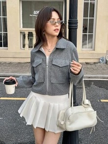 SHEIN 灰色宽松短款毛呢外套，适合少女日常通勤穿搭 - 灰色 - 查看 4