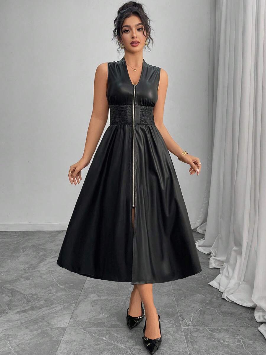 INAWLY 女式纯色无袖性感收腰V领长款拉链前开式黑色正式连衣裙