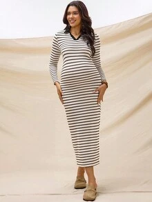 Boho Mama Schwangeren Frauen Lässig Pendler V-Ausschnitt Langarm gestreiftes Bodycon Kleid, Frühling/Herbst - Aprikosenfarben - Übersicht 8