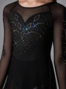 SHEIN Tween Girls Figure Skating Dress,Black,Autumn,Classy,Dancewear,Rhinestone Pattern,Raglan Sleeve,Anti-Flashing Skirt,Professional Sports Competition - Black - View 5
