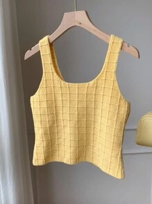 Comfortcana Autumn New Cream Yellow Metallic Button Square Collar Sweater Vest - Yellow - View 2