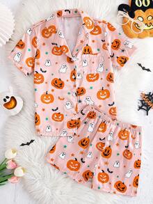 Bộ đồ ngủ 2 món in hình quả bí ngô Halloween dành cho bé gái tuổi teen, tay ngắn, quần short - Màu be - Xem 3