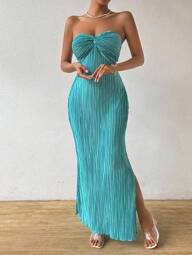 Rafferiza Robe longue d'été élégante bleue à épaules dénudées et plis torsadés pour femmes