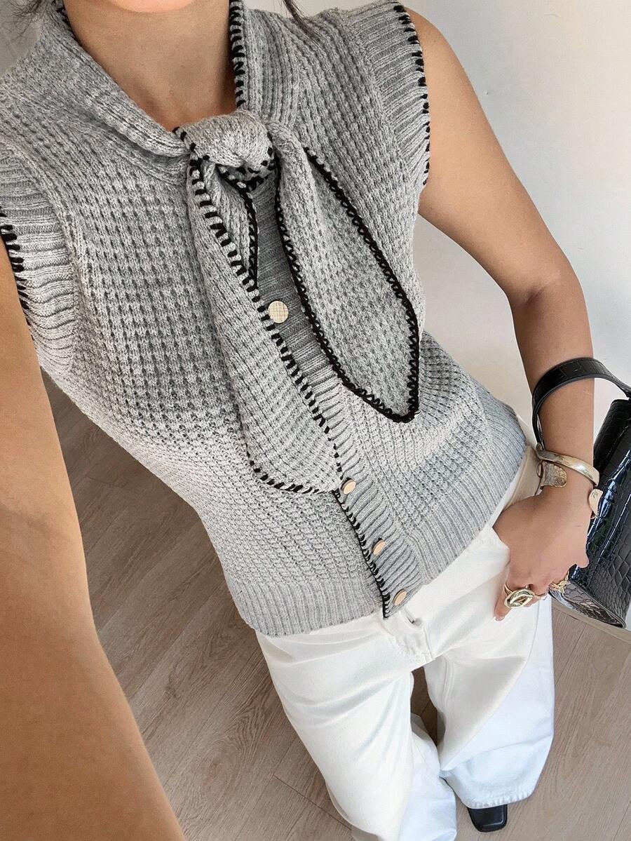 SHEIN Frenchy 2025 Grey Autumn Paris Brunch Knit Vest Women,Elegant Tie Collar Button Sweater Vest,Black Trim Formal Casual Office Work Sleeveless Top,Winter Chic - Grey - View 1
