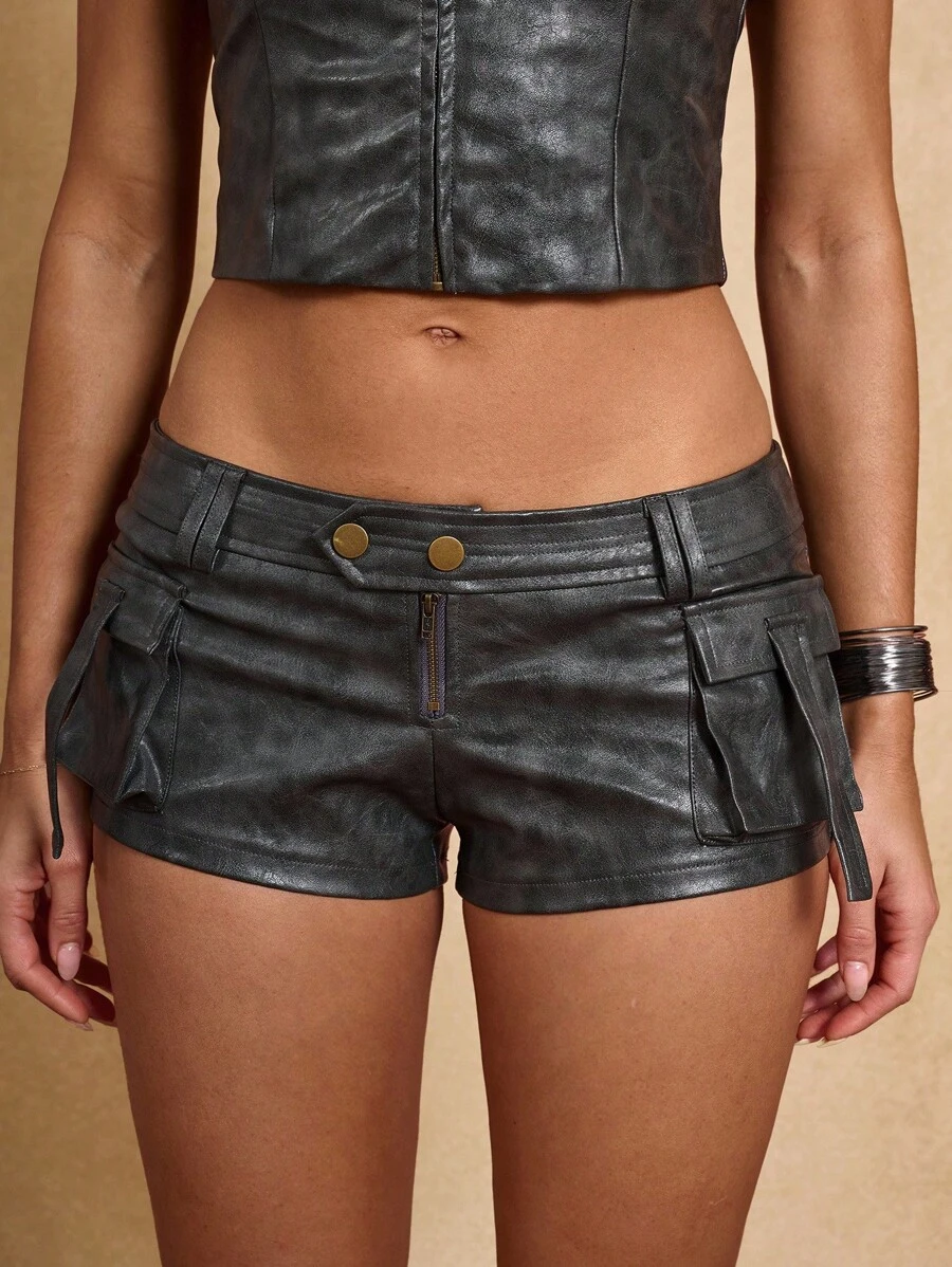 SHEIN BAE Women's Zipper Waistband High Street Three-Dimensional Pocket Design Fashion Shorts, Gray Washed Distressed PU Shorts. Sexy Style Suitable For Various Occasions, Such As Going Out, Party And Back To School - Dark Grey - View 1