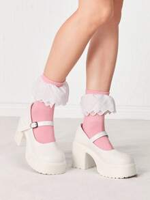 ROMWE Kawaii 1 Pair Cute Lace Hollow Out Mid-Calf Socks, Sweet Ruffled Hem Pink Short Socks, Versatile JK School Style Socks For Women - Multicolor - View 2