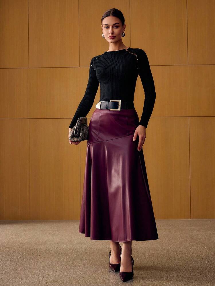 SUÉTER ELEGANTE NEGRO PARA MUJER CON CUELLO REDONDO PEQUEÑO Y MANGAS LARGAS, OTOÑO