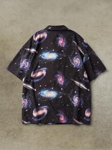 Discovery X SHEIN Men's Casual Starry Sky Print Lapel Collar Loose Fit Shirt, Summer - Black - View 2