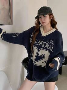 DAZY 女式V领休闲拼色长袖毛衣 - 藏蓝色 - 查看 4