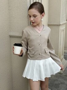 Áo khoác dài tay cài nút thời trang thường ngày cho bé gái tuổi teen, mùa xuân và mùa thu - Màu Khaki - Xem 6