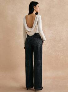 Poéselle Women's Solid Color Backless Long Sleeve Knit Top, Draped Cozy Knit Top, Fall/Winter, Effortless Chic Essential, FW24 - Apricot - View 3