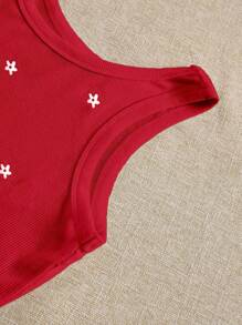 INAWLY Top corto con cuello redondo y bordado floral diminuto para mujer - Rojo - Ver 4