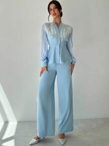 Firerie 女士优雅、精致、浪漫、端庄的日常通勤、约会、派对、返校、老师、度假珍珠和水钻装饰收腰雪纺灯笼袖夹克和高腰阔腿裤蓝色 2 件套 - 藍色 - 查看 5