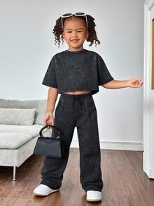 2 件装年轻女孩炭灰色套头 T 恤和紧身裤套装，休闲日常搭配 - 灰色 - 查看 1