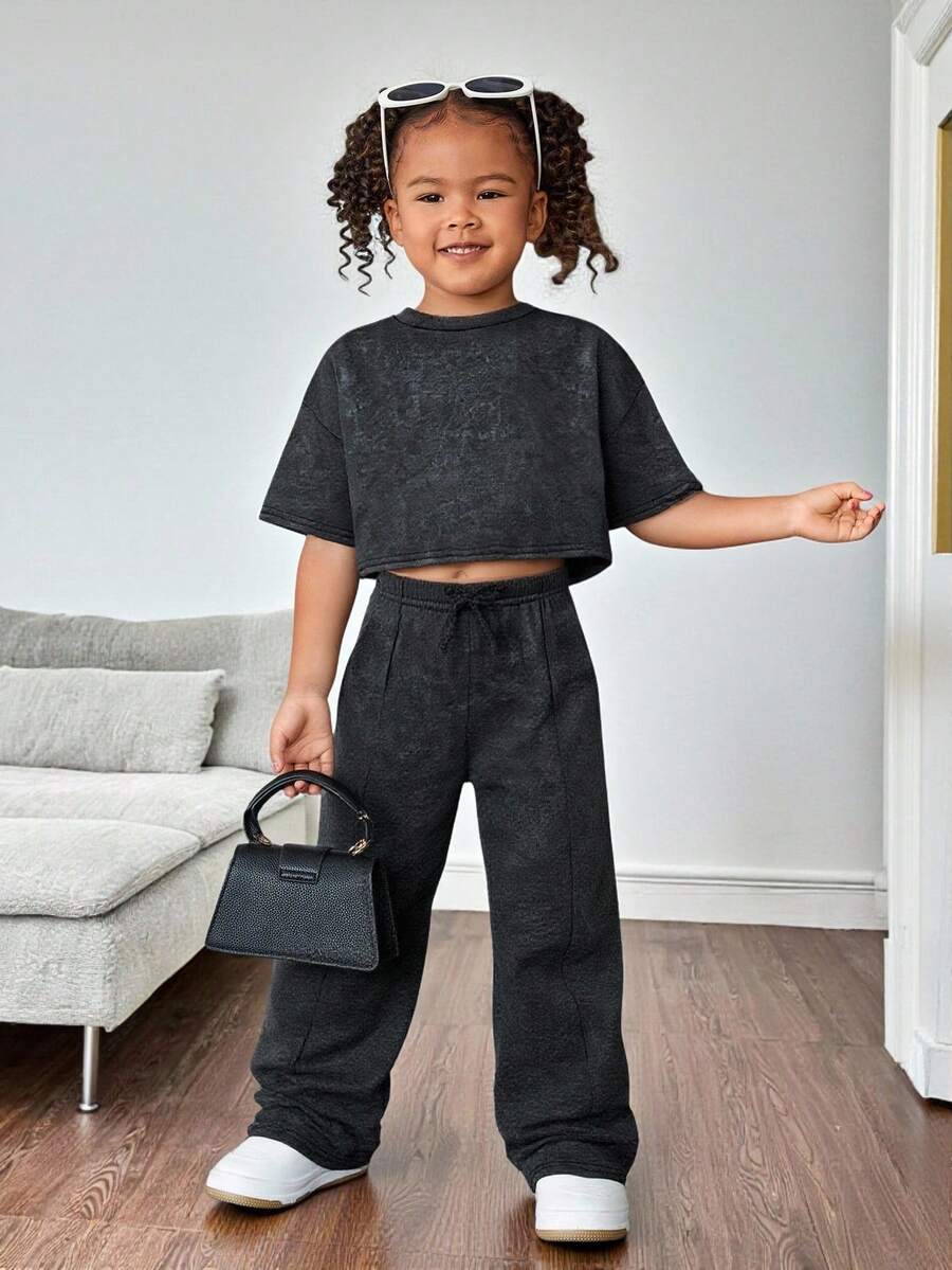 2 件装年轻女孩炭灰色套头 T 恤和紧身裤套装，休闲日常搭配 - 灰色 - 查看 1