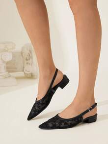 CUCCOO CHICEST 女士优雅百搭舒适黑色网眼蕾丝尖头低跟露跟平底鞋 - 黑色 - 查看 6