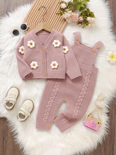 SHEIN 2pcs/Set Toddler Girls' Pink Sweater Set, Long Sleeve Floral Jacket + Bib Overalls, Cute Casual Fall Winter