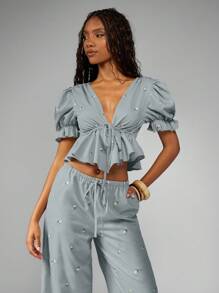 MISSGUIDED Puff Sleeve Embroidered Linen Feel Two Piece Coord Set Summer Cottagecore Style Spring Ruffle Trim Wide Leg High Waist Pants Beach Vacation Boho Resort Wear Collection - Blue - View 4