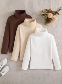 SHEIN 3件套青少年女孩休闲猫咪印花高领长袖保暖内衬T恤时尚秋冬季服装 - 彩色 - 查看 3