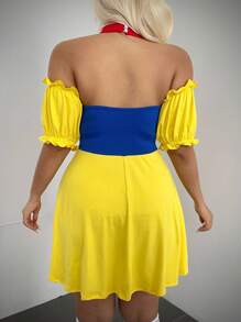 Sunspun 服装逃亡公主可爱性感泡泡袖蝴蝶结短款连衣裙 - 黃色 - 查看 2