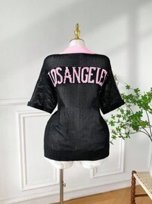 Comfortcana 大码女式休闲撞色领镂空针织上衣