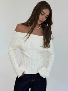 Aloruh Off-White Women's V-Neck Off-Shoulder Twist Knit Elegant Minimalist Sweater In Autumn/ Teachers' Day Date - Beige - View 6