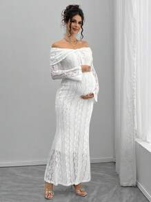 Momance White Lace Off-Shoulder Fitted Midi Maternity Dress