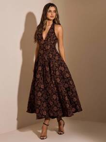 SHEIN BAE 棕色花卉纹理高领紧身连衣裙，适合约会、夜晚外出、派对、生日、优雅连衣裙、咖啡色连衣裙、生日连衣裙、节日连衣裙 - 棕色 - 查看 6